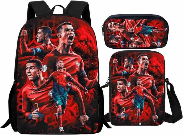 Dreiteiliges Schulranzen-Set mit Fußballstar-Print bestehend aus Rucksack, Umhängetasche und Federmäppchen in Rot und Multicolour - Bild 1