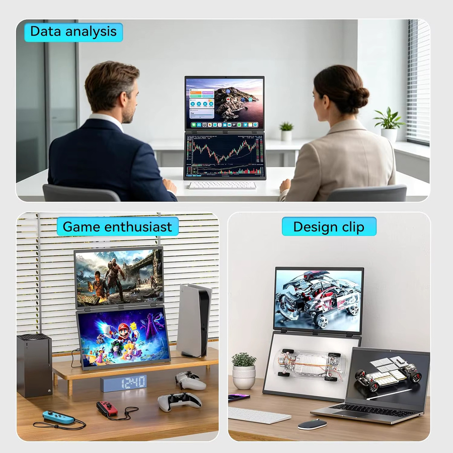 UPERFECT Delta Dualer Tragbarer Monitor 18,5 Zoll 1080P FHD IPS 100Hz Faltbarer Dreifacher Laptop-Bildschirmverlängerer USB-C Plug & Play Schwarz - Bild 3