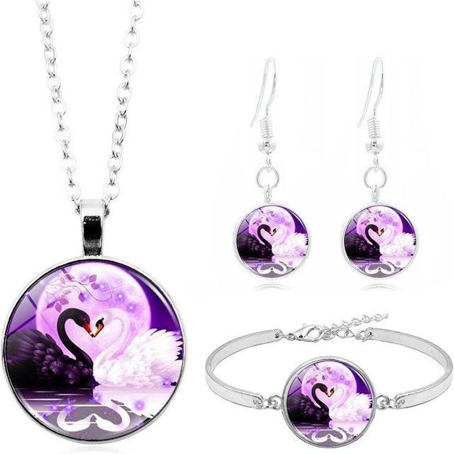 Schmuck Set Damen, Halskette, Armband, Ohrringe, Kupfer, Schwarz, Weiß, Violett - Bild 1