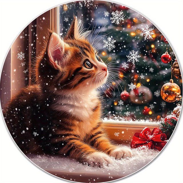 Weihnachts-Metallschild von Potdemiel mit süßer Katze und verschneitem Weihnachtsbaum, Aluminium-Wanddekoration, B/B/B: 20,3 x 20,3 x 0 cm - Bild 1