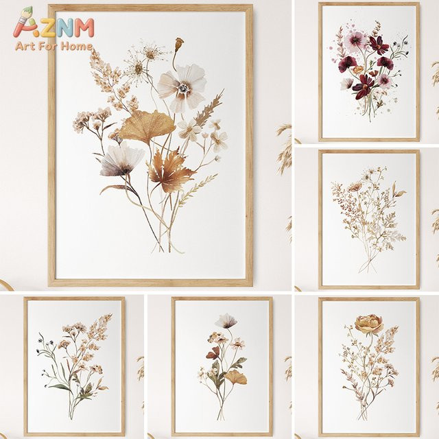 AZNM Boho Aquarell-Leinwand-Wandkunstdruck mit botanischen Wildblumen in Multicolour - Bild 1