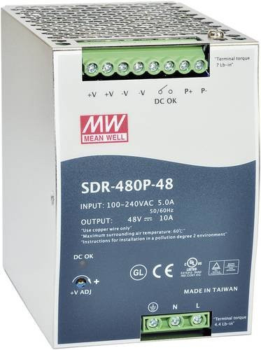 Mean Well MW SDR-480P-24 Hutschienen-Netzteil, 24 V/DC, 20A, 480W, Grau - Bild 1