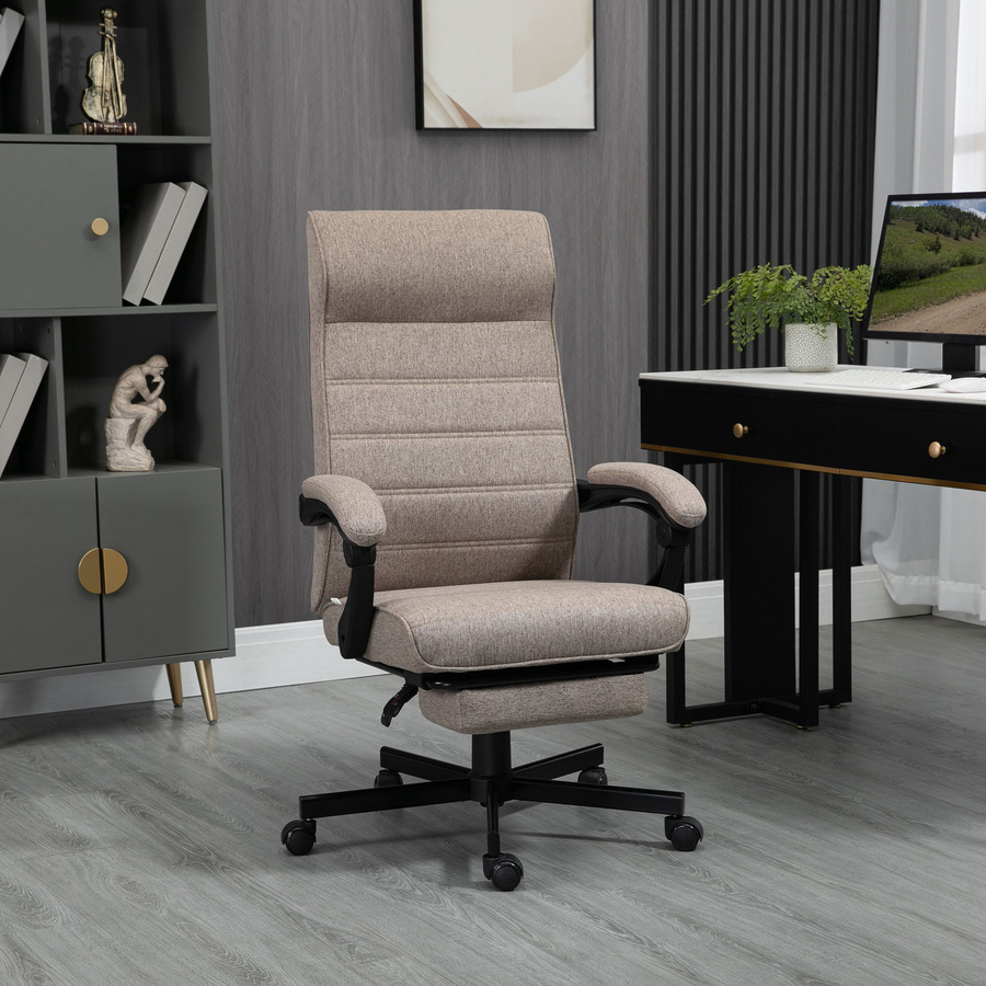 Vinsetto Ergonomischer Bürostuhl von Aosom in Braun mit Leinenoptik, höhenverstellbar, drehbar und mit einklappbarer Fußstütze sowie Armlehnen - Bild 2