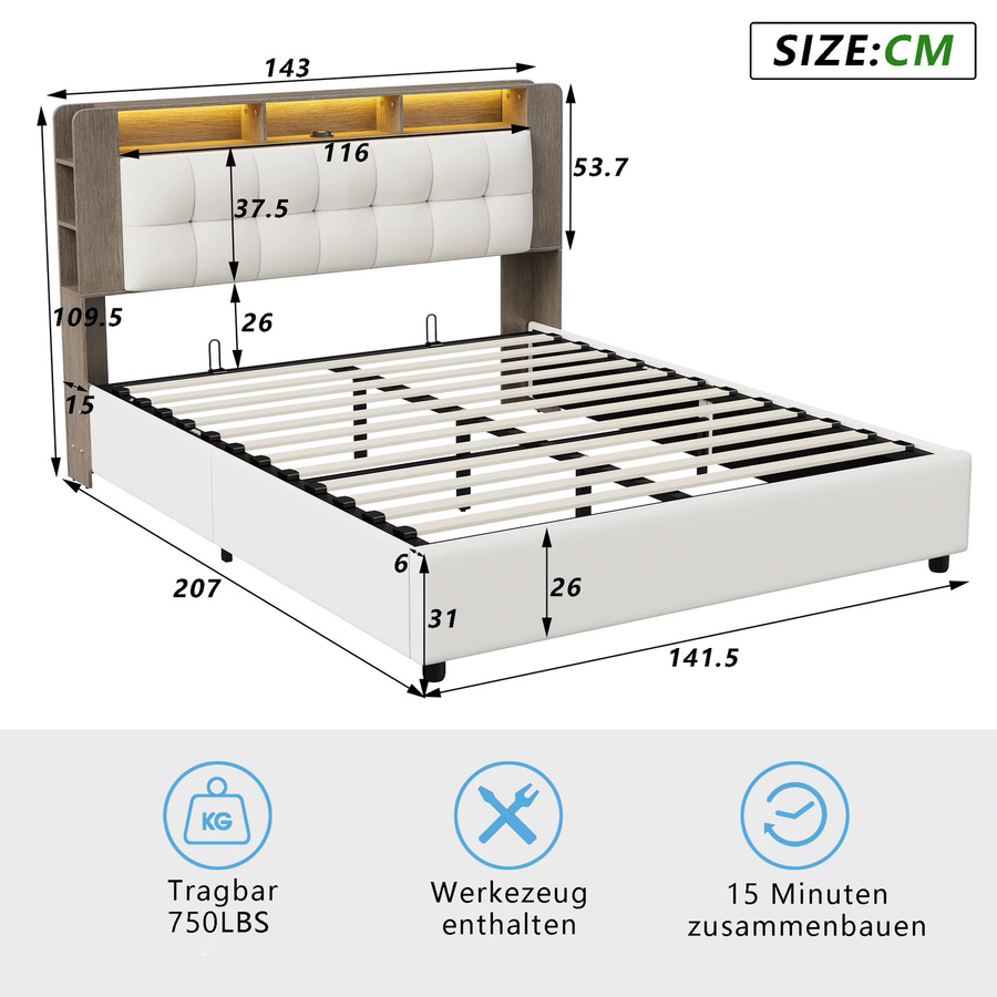 HYNHXBP Gepolstertes Hydraulisches Stauraumbett mit Stoffbezug und gestepptem Kopfteil in Beige, B/T/H: 160 x 200 cm - Bild 2