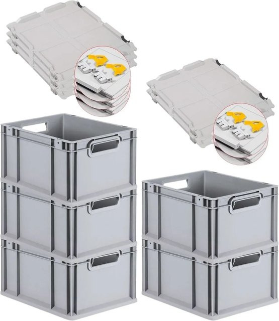 PROREGAL SuperSparSet 5x Eurobox NextGen Grip mit Scharnierdeckel und gelben Schiebeschnappverschlüssen, Grau, H x B x T: 22 x 30 x 40 cm - Bild 1