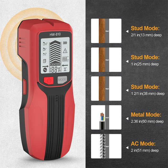 JUANJUAN 6-in-1 Wandscanner mit LCD-Display, elektrischer Stud Finder und hochpräziser Metalldetektor für AC-Leitungen, Kabel und Holz in Gelb und Rot - Bild 1