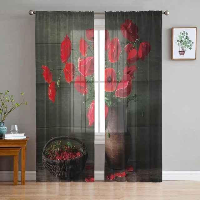 A Family Of Home Textiles Chiffon-Vorhang mit rotem Mohnblumen-Stillleben, transparent, B: 135 cm, H: 274 cm - Bild 1