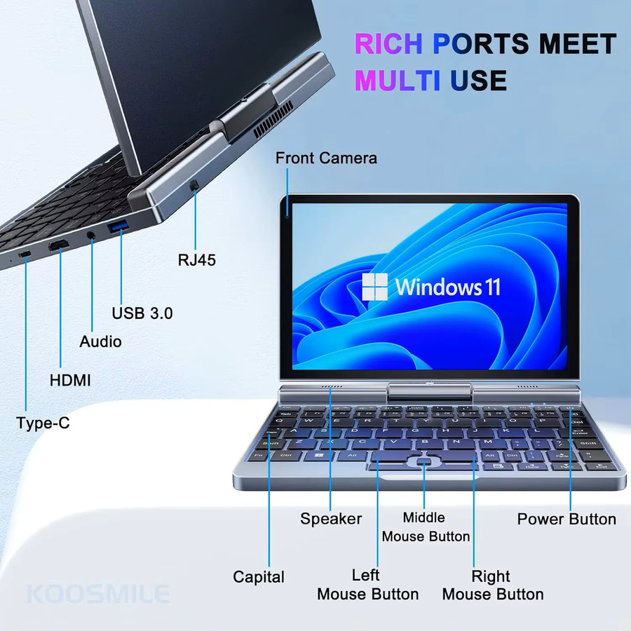 RUGLINE Mini Tragbarer Laptop mit 8 Zoll IPS-Touchscreen, Intel N95 Prozessor, 12GB RAM und Windows 11 Pro - Bild 5