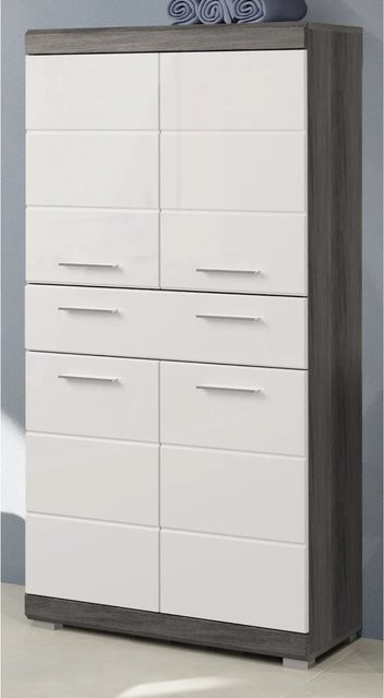 Inn.Furn Midischrank Shawn für das Badezimmer, 4-türig, Weiß Hochglanz und Rauchsilber Grau, B: 74 cm, H: 141 cm - Bild 1
