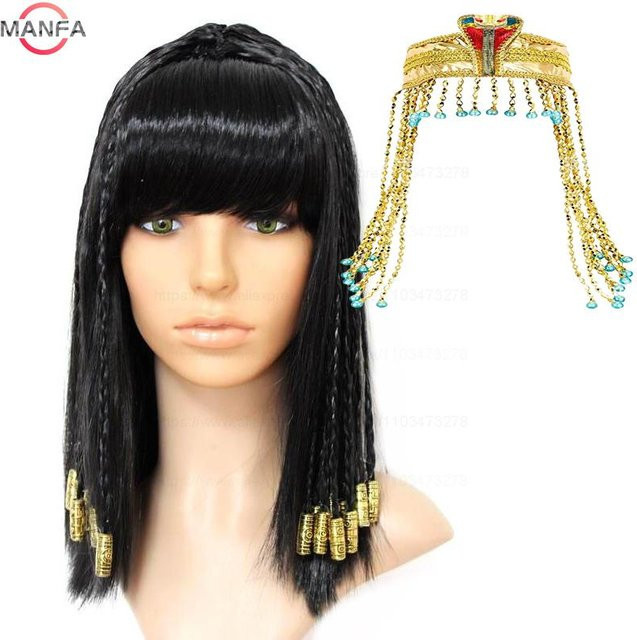 Kleopatra Cosplay Perücke, schwarzes Haar, goldene Perlen, mit Perückenkappe - Bild 1