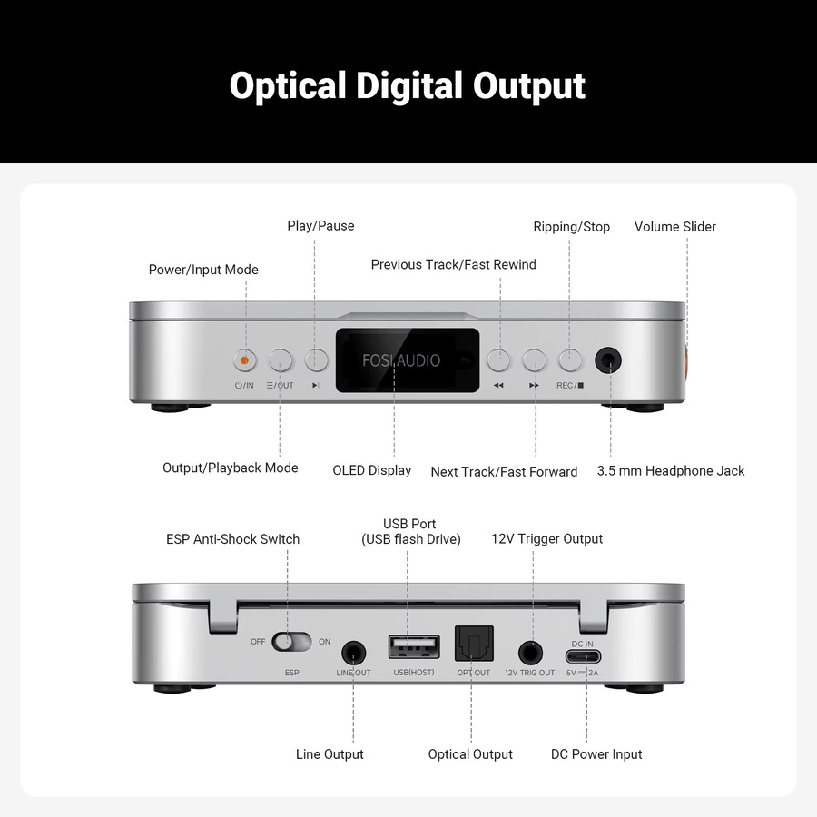 Fosi Audio Merak HiFi CD-Player in Silber mit CS43131 DAC, Kopfhörerverstärker und USB-Ripping-Funktion inklusive Fernbedienung - Bild 5