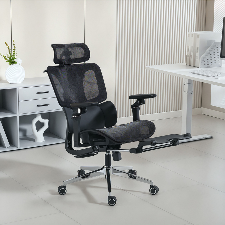 HOMCOM Ergonomischer Bürostuhl in Schwarz mit 6D-Armlehnen, verstellbarer Kopfstütze, Sitztiefe, Lordosenstütze und Fußstütze aus Mesh - Bild 2