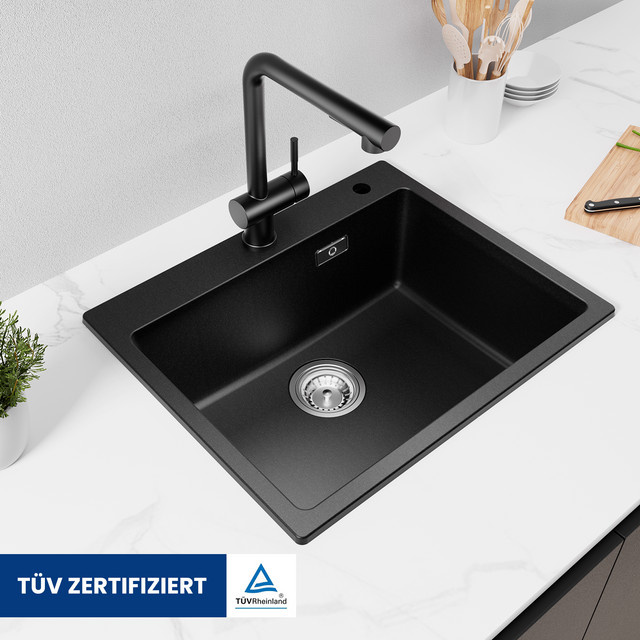 CECIPA max Küchen-Granit-Spüle in Schwarz als Unterbau-Arbeitsplattenspüle mit 1 Becken und Abfluss-Set, B/T/H: 55 x 45 x 20 cm - Bild 1