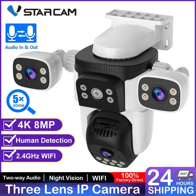 Vstarcam 4K IP-Kamera mit 3 Objektiven, 5-fachem Zoom und WiFi, PTZ-Videoüberwachungskamera für Innen- und Außenbereiche mit Menschenverfolgung und IP66 wasserdicht, Farbe: Weiß - Bild 1
