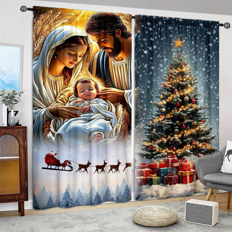 Set aus 2 Krippen-Weihnachts-Druckvorhangpaneelen für Mädchen zur Heimdekoration in Wohnzimmer und Schlafzimmer, Polyester, Breite: 100 cm, Höhe: 70 cm - Bild 2