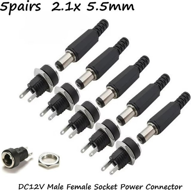 AOKIN DC-Steckverbinder Set 10 Stück (5 Paar) Männlich und Weiblich mit Schraubanschluss für Panelmontage, Schwarz, 5,5x2,1mm und 3,5x1,3mm - Bild 1