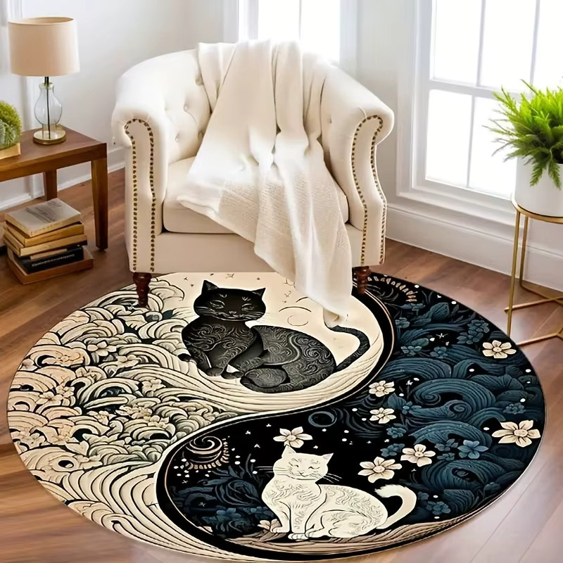 VIKAMA Runde Fußmatte im chinesischen Stil mit Tai-Chi-Yin-Yang-Katzen-Motiv, Wellen- und Blumenmuster, Multicolour, Durchmesser: 80 cm - Bild 3
