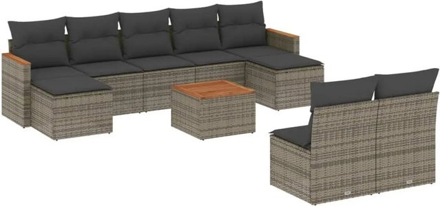 vidaXL 10-tlg. Garten-Sofagarnitur in L-Form aus grauem Poly-Rattan mit Kissen und Akazienholz - Bild 1