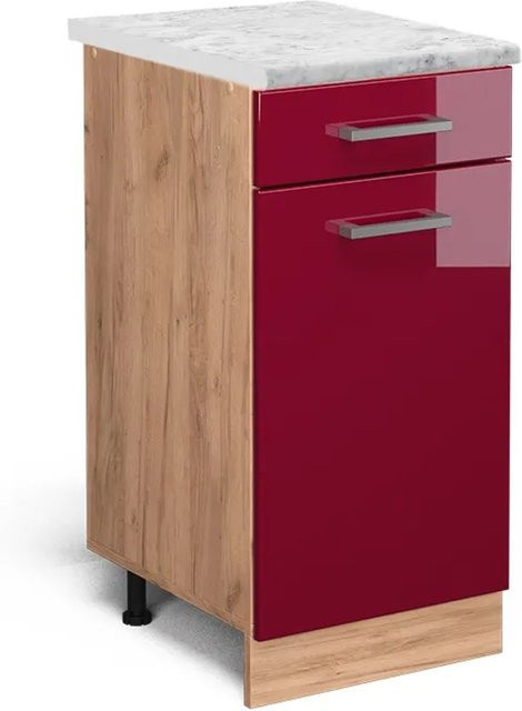 Vicco Küchenunterschrank R-Line Schubladenschrank in Bordeaux Hochglanz mit Marmor-Optik, Breite: 40 cm, Höhe: 81,6 cm, Tiefe: 46 cm - Bild 1