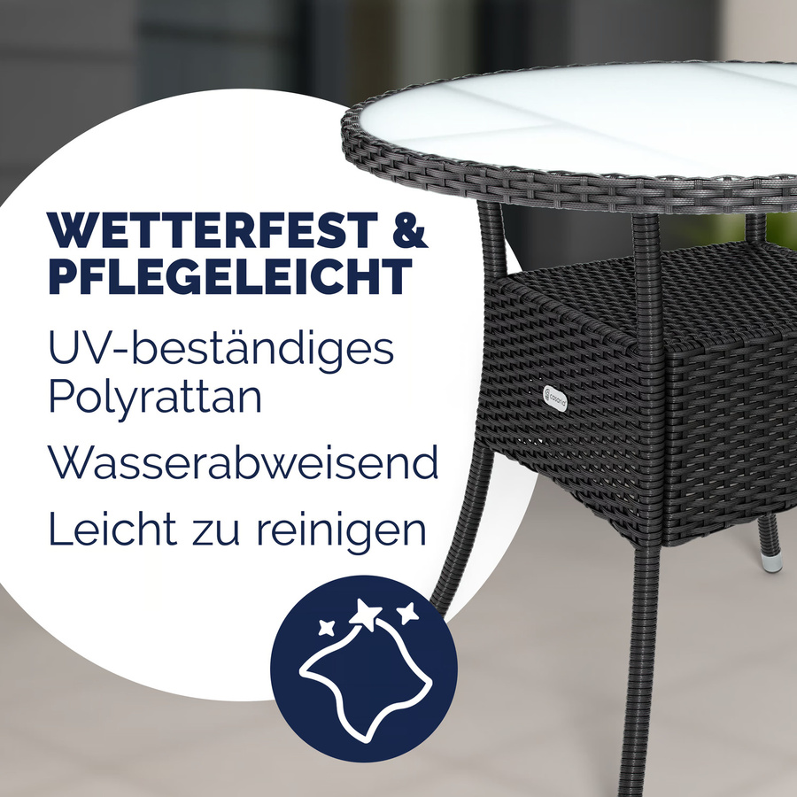 CASARIA Polyrattan Tisch in Schwarz mit Milchglas-Sicherheitsglas, rund, Durchmesser: 80 cm - Bild 2