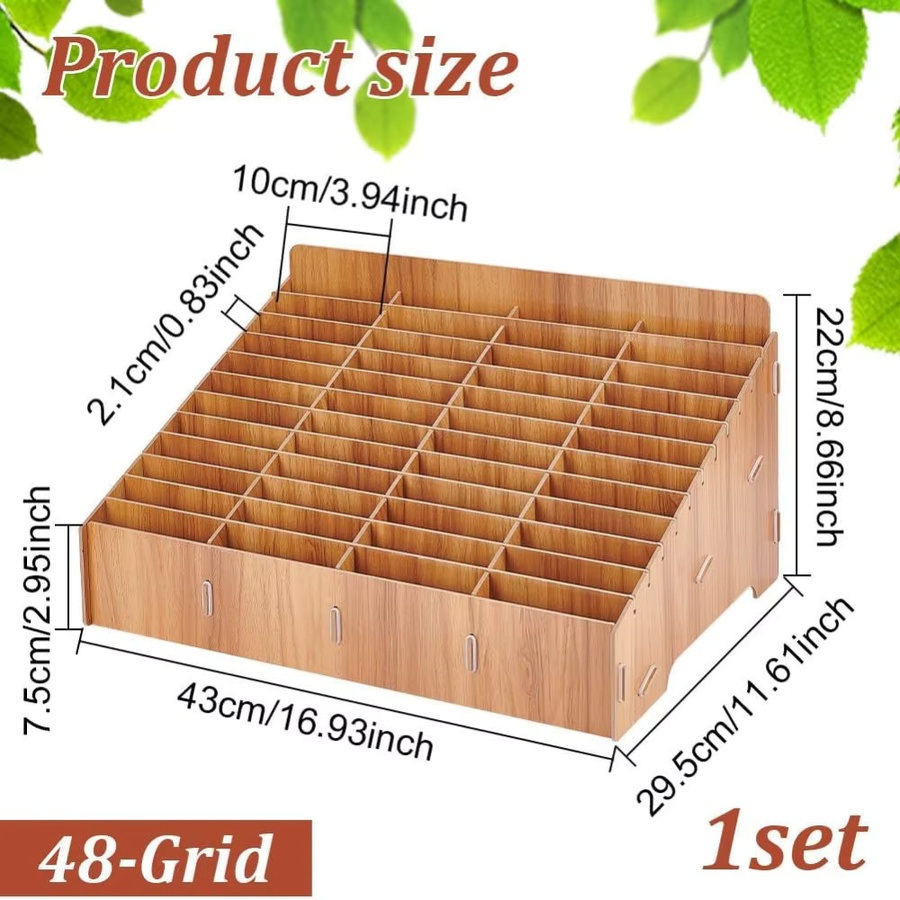Holz Handy Aufbewahrungsbox mit 48 Gittern als Schreibtisch-Organizer in Braun für Büro und Schule - Bild 2
