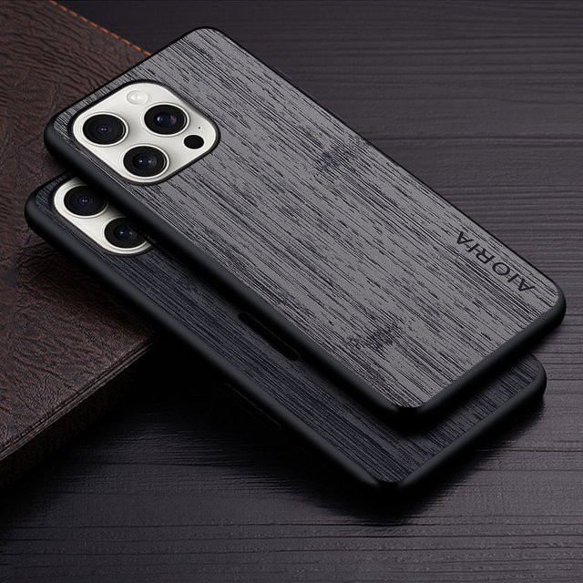 Luxus Handyhülle aus Leder im Bambus-Holzmuster für Apple iPhone 16 Plus und iPhone 16 Pro Max 5G in Braun oder Grau - Bild 1