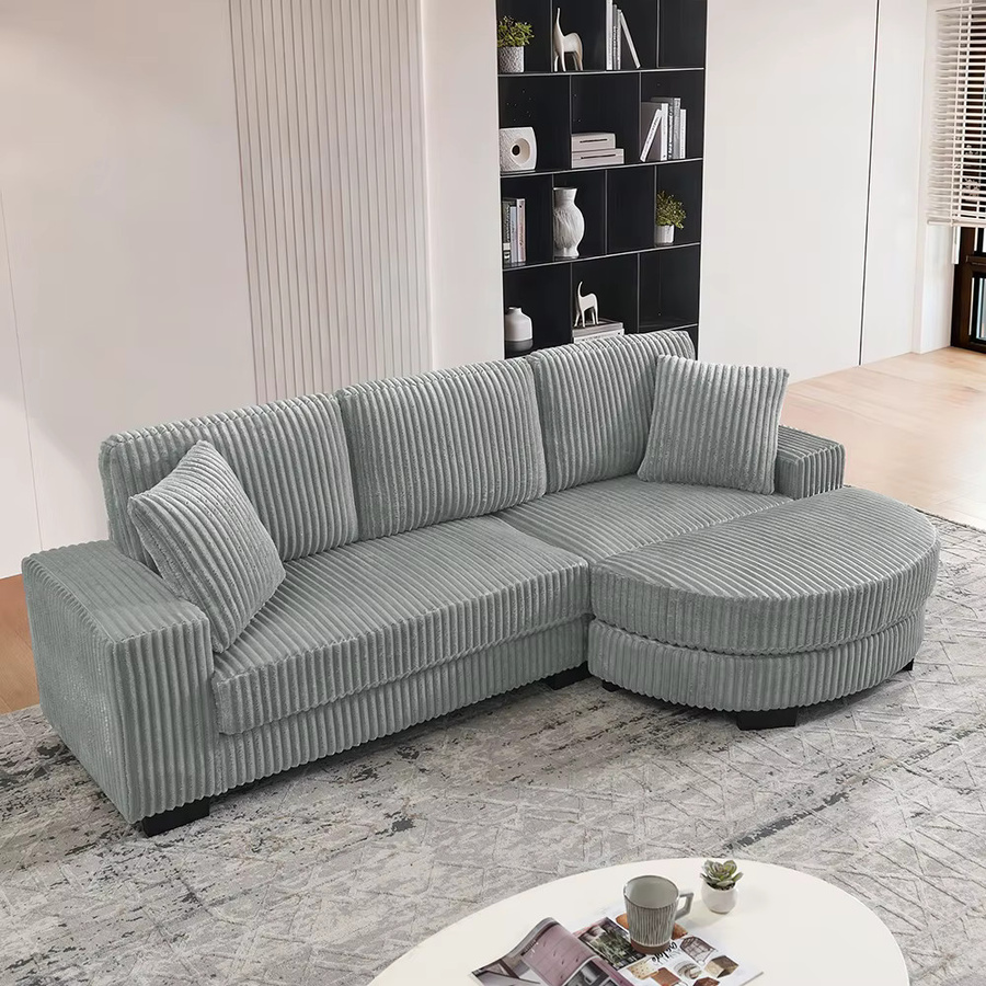 KOMHTOM L-förmiges 4-Sitzer Ecksofa aus Corduroy mit ovalem Hocker und Kissen, modular aufgebaut, B/T/H: 256,5 x 133,5 x 89 cm - Bild 2