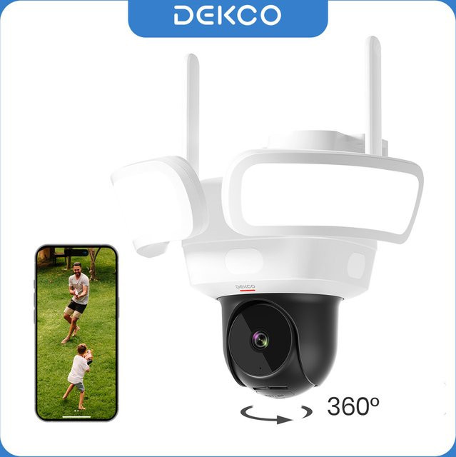 Dekco 3K UHD WiFi-Flutlichtkamera für den Außenbereich in Weiß mit 360° Farbanzeige, Nachtsicht, PIR-Erkennung und 2-Wege-Audio - Bild 1