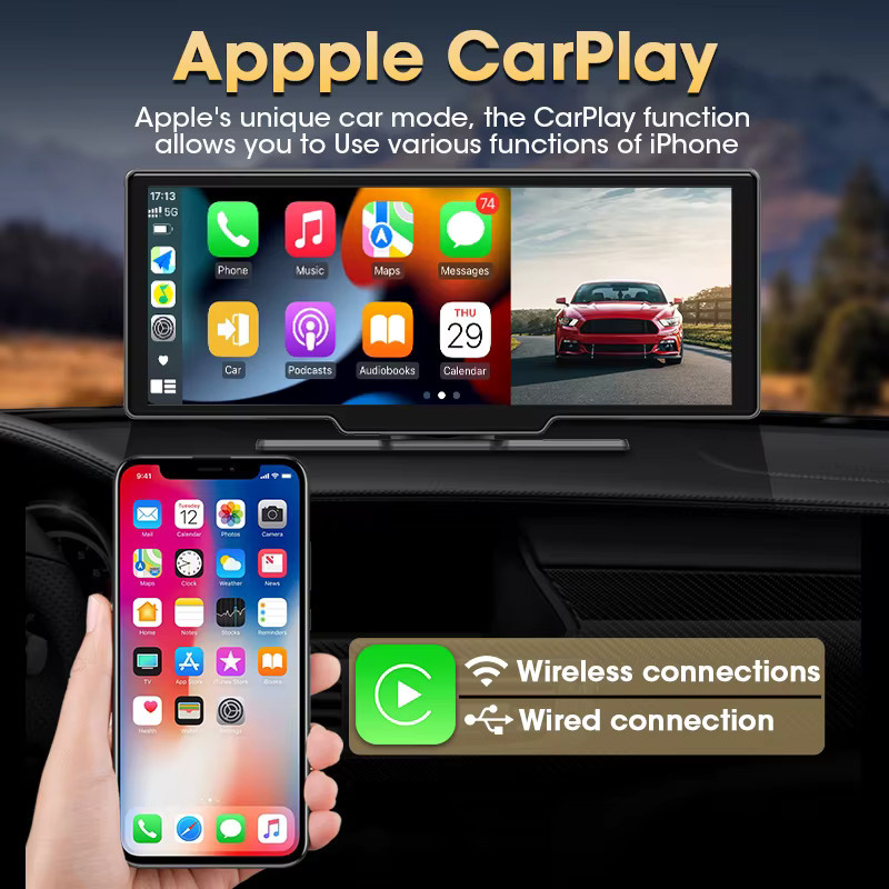 srnubi Dash Cam mit 10,26 Zoll Display, 4K Video Recorder mit Wireless CarPlay und Android Auto, Rückfahrkamera, Navigation Player mit Wi-Fi und AUX, Schwarz - Bild 2