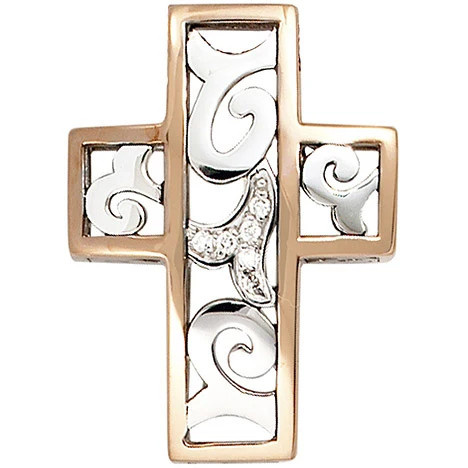 Colfem Anhänger Kreuz, 585 Gold, Weißgold, Rotgold, bicolor, 6 Diamanten, Brillanten, Unisex - Bild 1