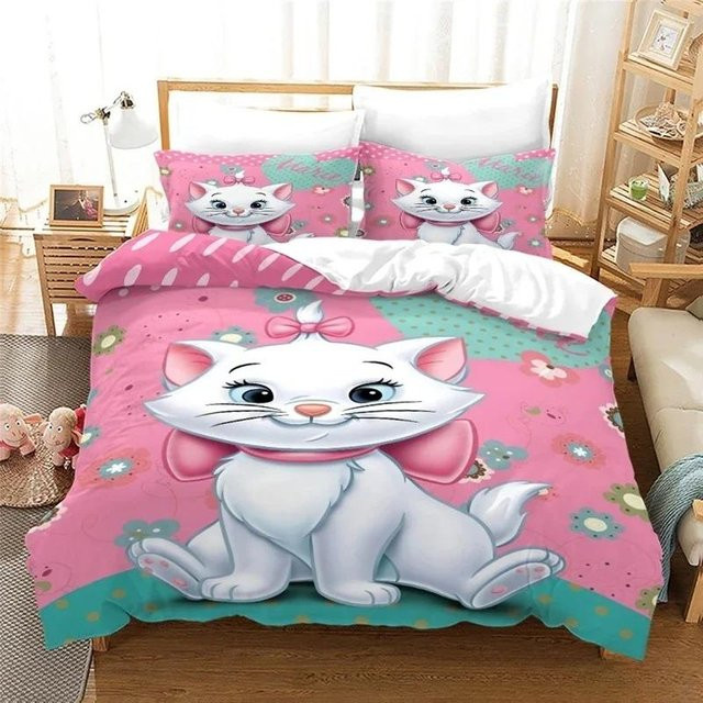 Marie Katze Cartoon Bettwäscheset mit 3D-Druck in Pink, bestehend aus Bettbezug und Kissenbezügen aus Mikrofaser, B/H: 200 x 230 cm - Bild 1