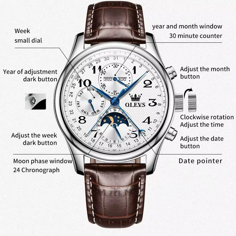 OLEVS Armbanduhr Automatik, Analog-Digital, Mondphase, 42 mm, Herren - Bild 3