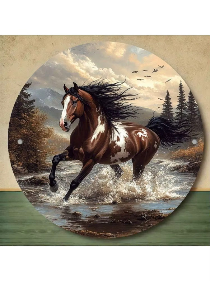 Starlit Valley Vintage Wandschild aus Aluminium Metall mit galoppierendem Pferd und Flusslandschaft, Mehrfarbig, B/H: 20,32 x 20,32 cm - Bild 3