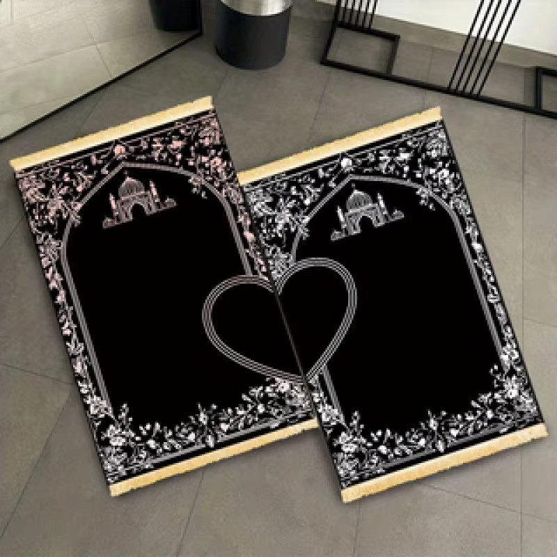 VIKAMA 2-teiliges Set Islamische Gebetsmatten mit Blumen-Motiv in Schwarz-Gold - Bild 3