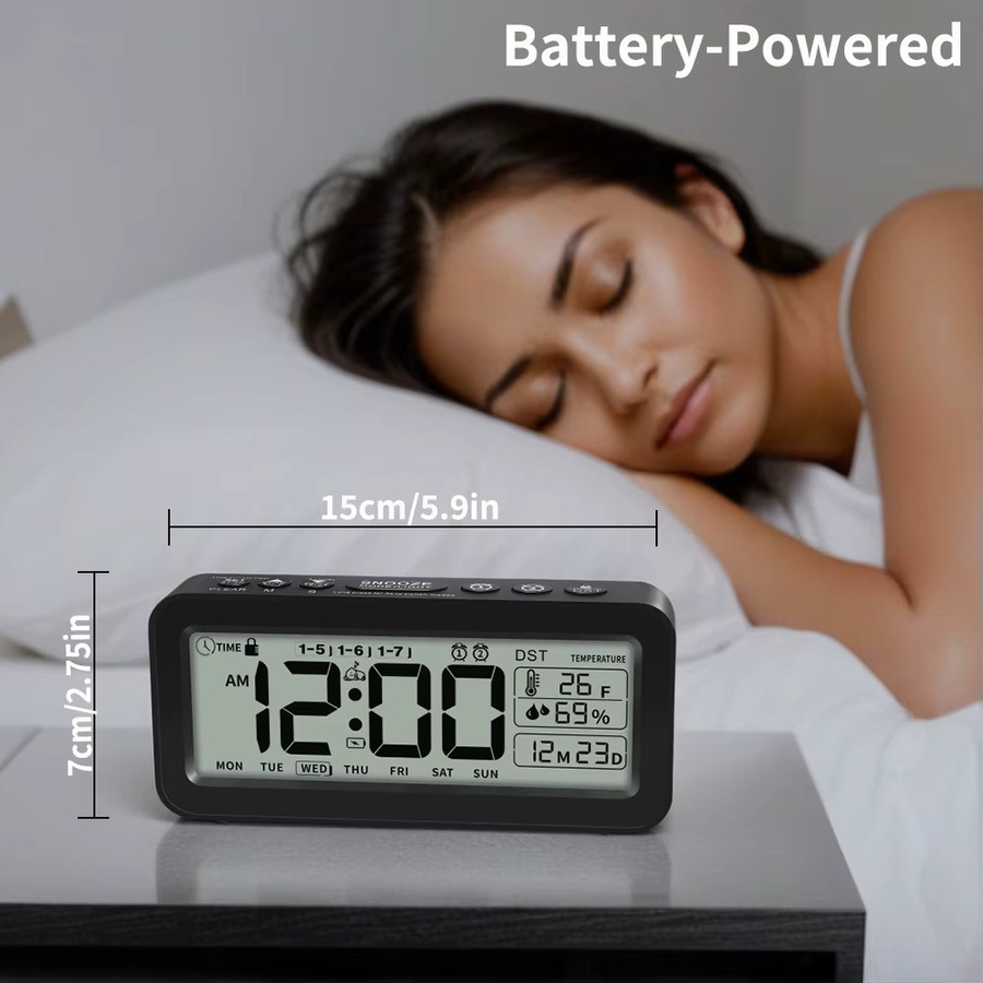 Niditon Digitaler Wecker in Schwarz mit Temperatur-, Luftfeuchtigkeitsanzeige und Countdown sowie LCD-Kalender und Wochentagsanzeige - Bild 4