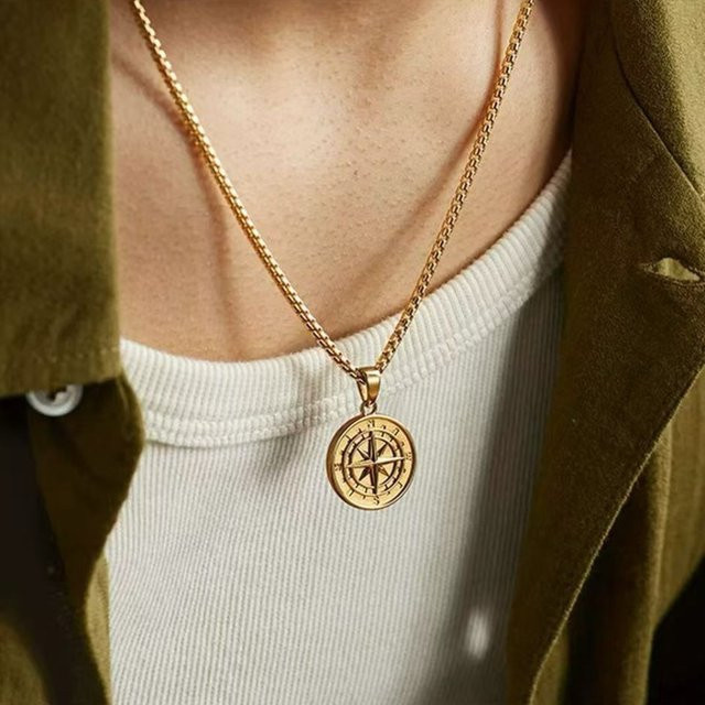 FOMALHAUT Anhänger Halskette, Kompass Medaille, Edelstahl, Gold, Herren - Bild 1