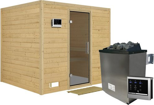 Karibu Sauna Paldiski aus Fichtenholz in Beige mit 9 kW Saunaofen und externer Steuerung für 4 Personen, B/T/H: 236 x 209 x 184 cm - Bild 1