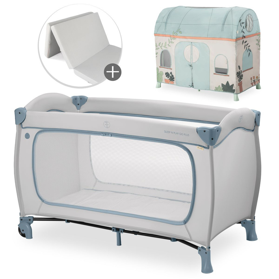Hauck Reisebett Set Sleep N Play Go Plus mit Komfort Matratze und Spielzelt in Dusty Blue Plants - Bild 1