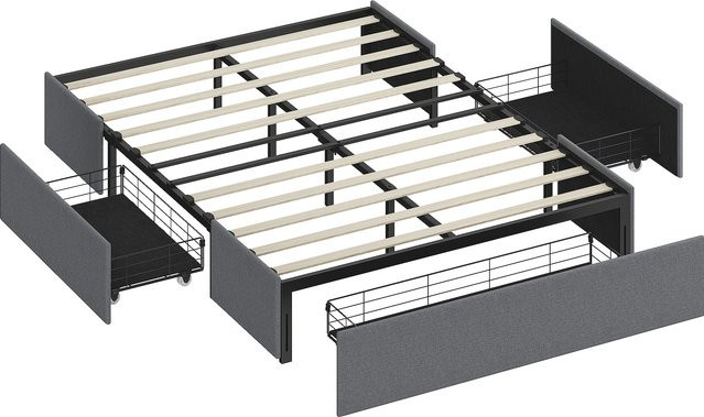 HOMCOM Doppelbett mit Stauraum und 3 Schubladen in Grau, gepolstertes Bettgestell mit LVL-Lattenrost in Leinenoptik, B/T/H: 140 x 190 cm - Bild 1