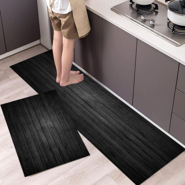 2er-Set Küchenteppich in Holzoptik, rechteckig, rutschfest und saugfähig, Farbe: Braun/Schwarz - Bild 1