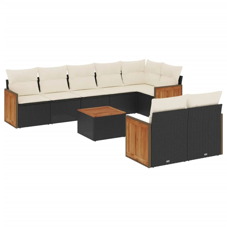vidaXL 9-teilige Garten-Sofagarnitur in L-Form aus Poly-Rattan und Akazienholz mit Kissen in Schwarz und Cremeweiß - Bild 2