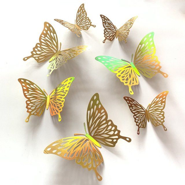 WakaParty 24 Stück 3D Hohle Glitzer-Gold-Schmetterlinge Wandaufkleber zur DIY Kunst-Dekoration für Hochzeit, Geburtstag und Party - Bild 1