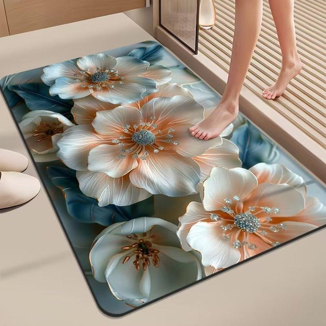 Badezimmer-Fußmatte von Yiran Furniture mit Blumen-Design, weiß, wasserabsorbierend, schnelltrocknend und rutschfest, B/B: 80 x 120 cm - Bild 1