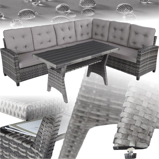 tectake Rattan Lounge Catania für 6 Personen in L-Form mit Tisch und Polstern, Grau, B/T/H: 120 x 65 x 73 cm - Bild 1