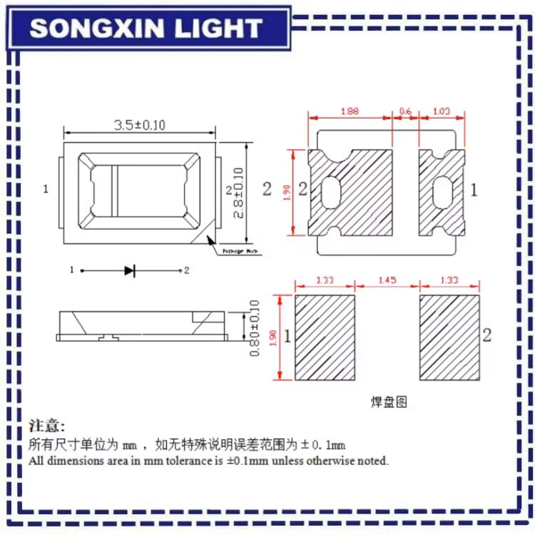 100 Stück SMD LED 2835 Cool White 6000-6500K Hochhelligkeit - Bild 2