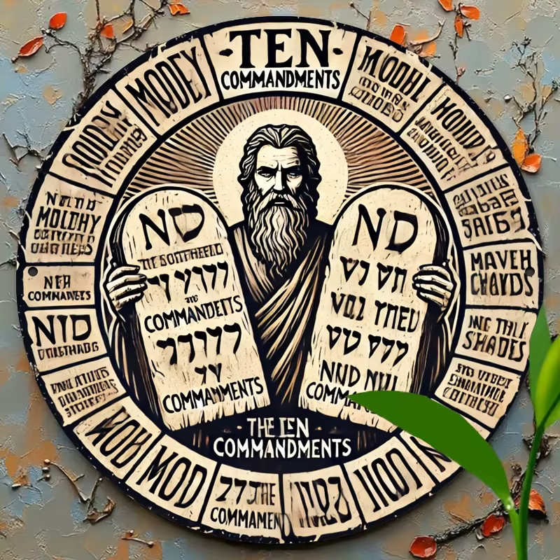 Potdemiel Rundes Metall-Wandbild Vintage Zehn Gebote Moses Stein Bibel Deko Durchmesser: 20 cm - Bild 4