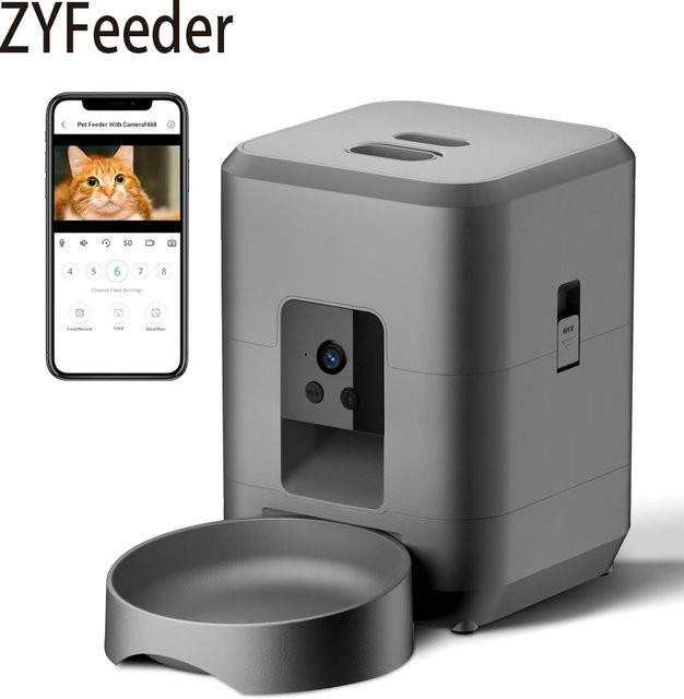 ZYfeeder Automatischer Futterspender mit Kamera und Wi-Fi für Katzen und Hunde, 2L, Schwarz/Grau - Bild 1