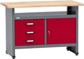 Küpper Werkbank mit 3 Schubladen und einer Tür in Rot und Grau, B/T/H: 120 x 60 x 84 cm - Bild 1