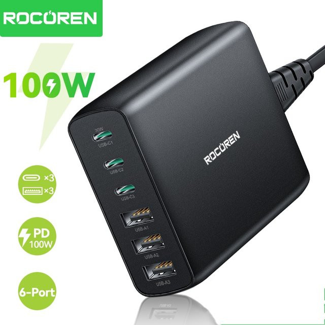 Rocoren 100 W GaN Ladegerät mit USB Typ C PD Schnellladung in Schwarz - Bild 1