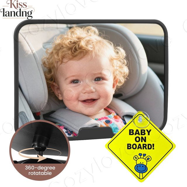 momo&dudu 360 Grad drehbarer Babyautospiegel mit Baby-An-Board-Schild in Pink und Schwarz, HD-Sicherheits-Rückspiegel für den Rücksitz von Kleinkindern - Bild 1